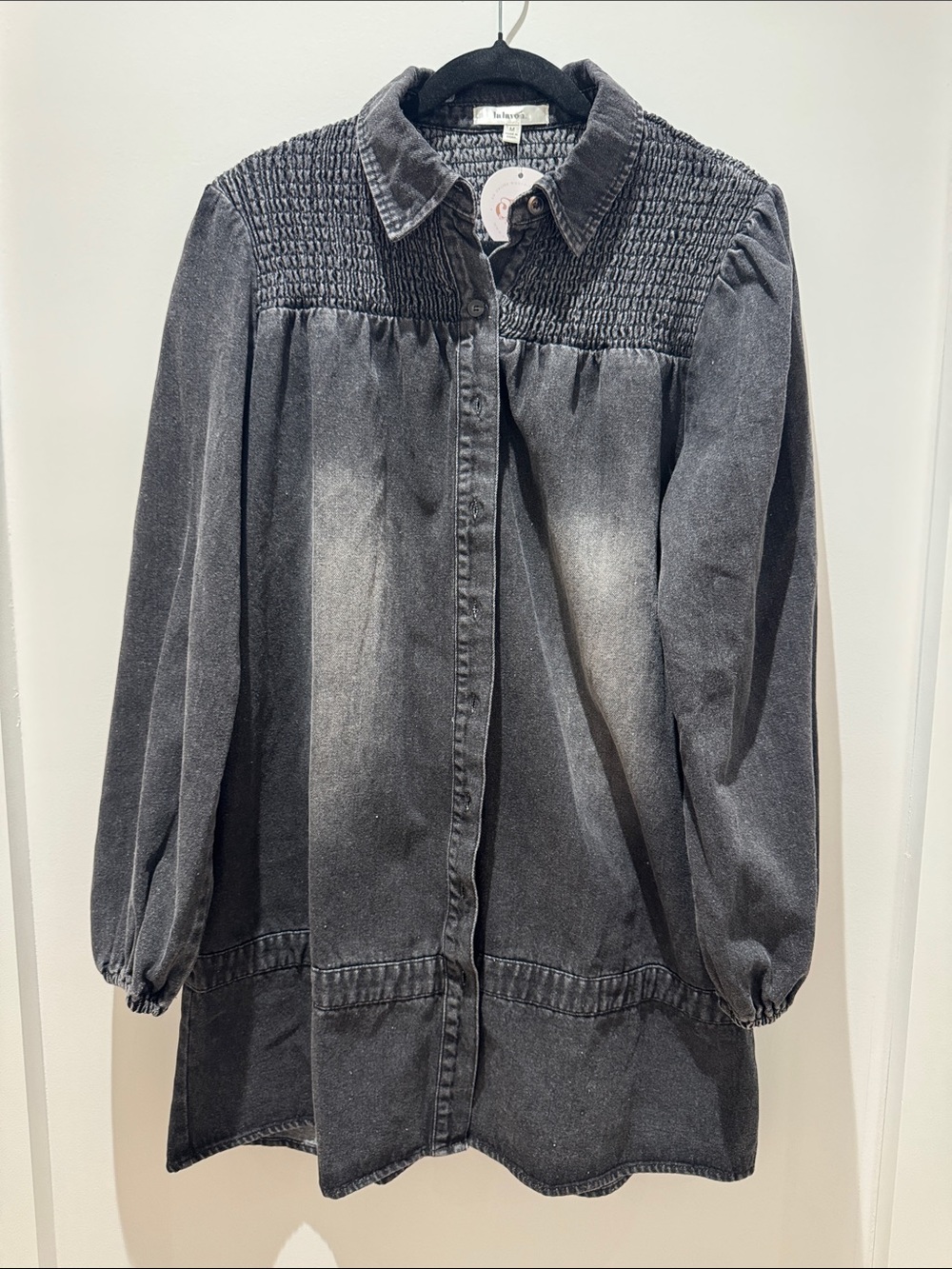 Smocked Yoke Midi Dress in Washed Black